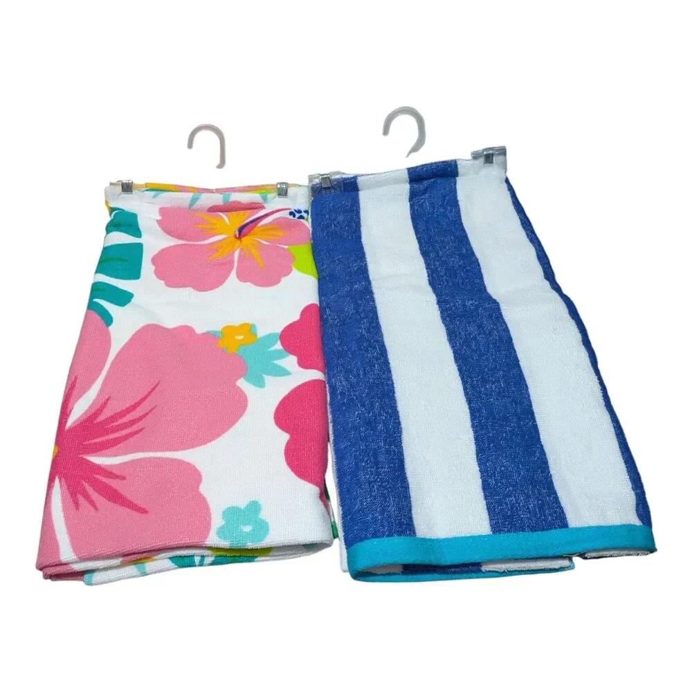 Beach Towel Bundle – Tropical Floral & Blue Stripe Towels Set of 2